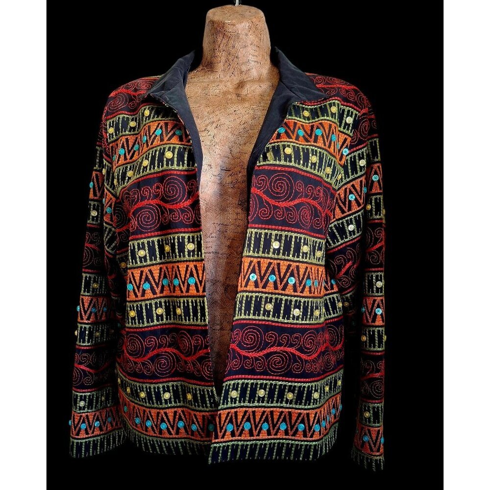 Silk Embroidered Women's Blazer With Vibrant Patterns & Button Detailing Size PM